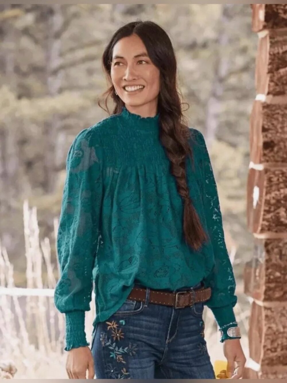 Sundance Dorina Floral Lace Mock Neck Top Boho Whimsical with Cami Teal Green M